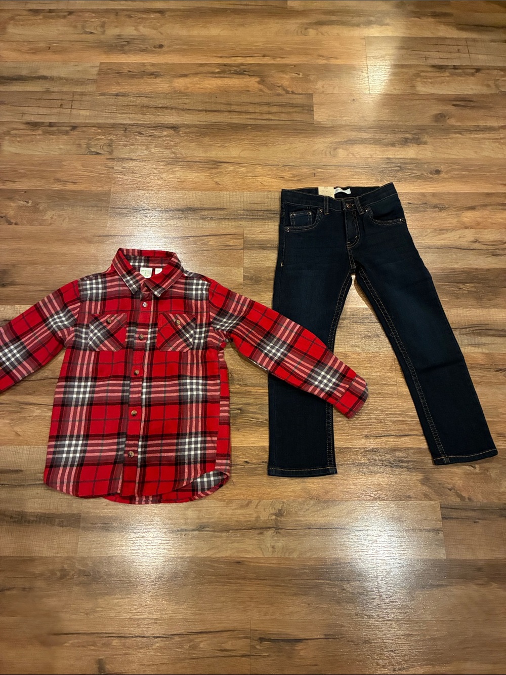 Kids Slim Straight Jeans Matching Set - Dark Blue with Red Flannel Shirt